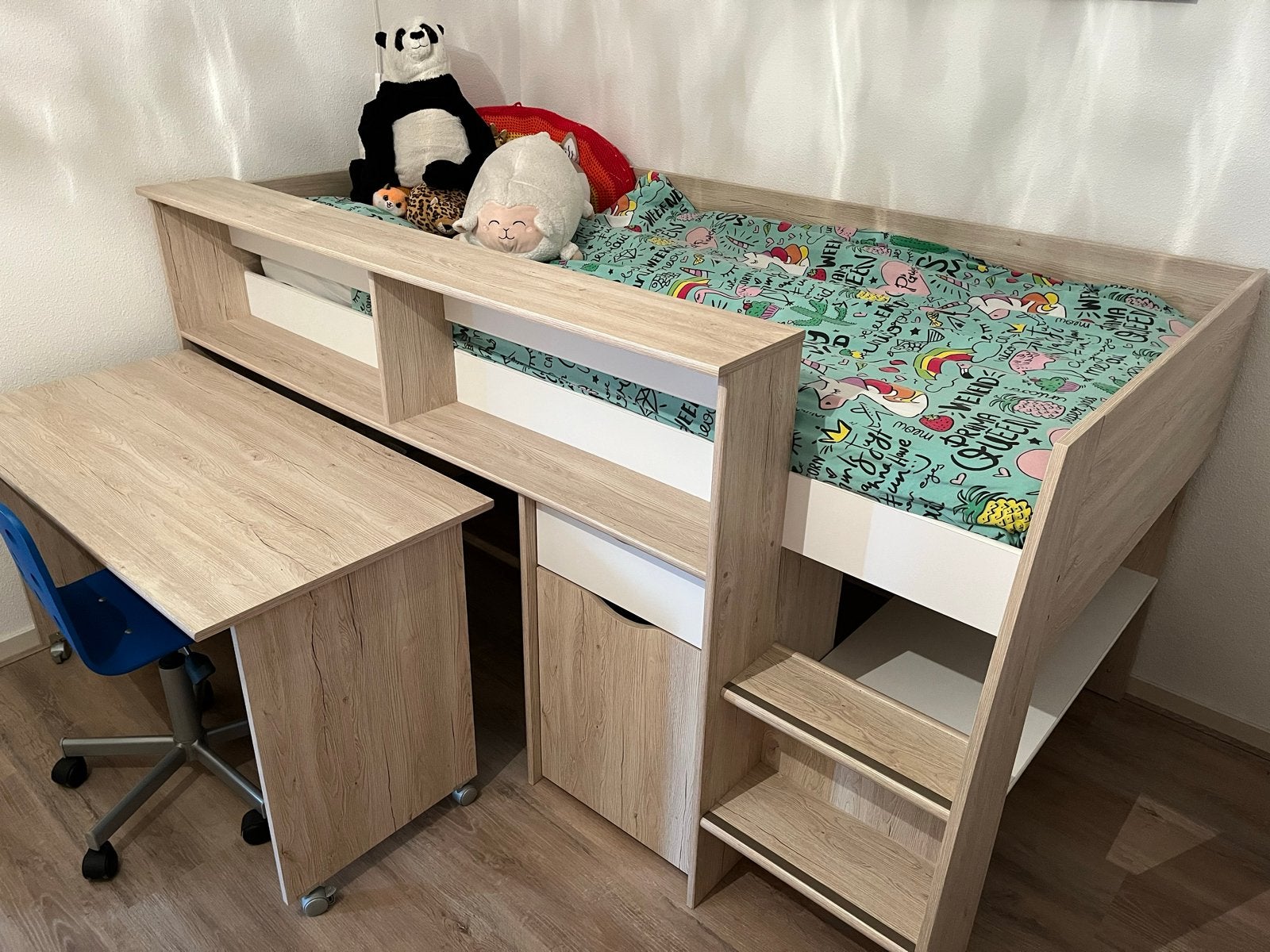Hoogslaper (halfhoog) met bureau en opbergruimte, Ophalen, 85 tot 100 cm, Gebruikt, Hoogslaper of Stapelbed