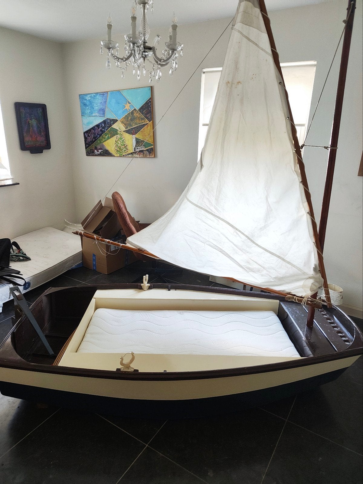 Uniek kinderbed in de vorm van een zeilboot, Gebruikt, Eenpersoons, Ophalen of Verzenden, Overige maten