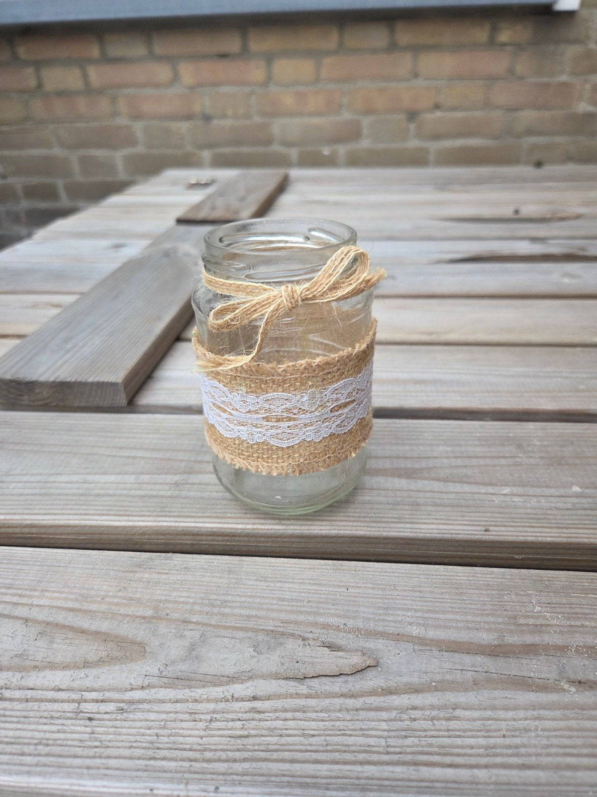 17 stuks glazen potjes met jute en kant decoratie, Meerkleurig, Ophalen of Verzenden, Glas, Landelijk
