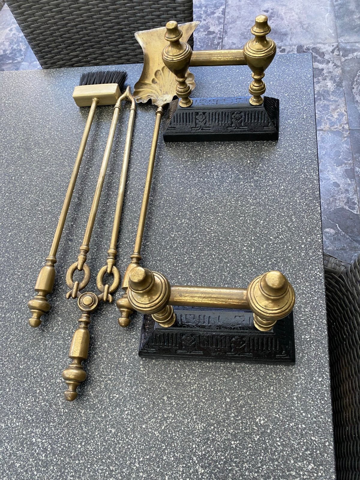 Antieke messing haardstel met bokken, Huis en Inrichting, Ophalen of Verzenden, Gebruikt, Overige soorten