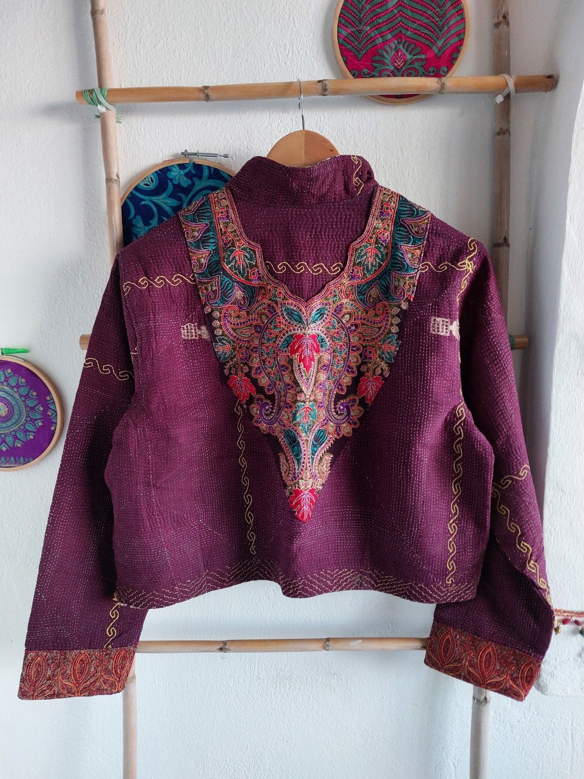 Kantha patchwork jasje, maat M/L, Maat 38/40 (M), India, Verzenden, Paars