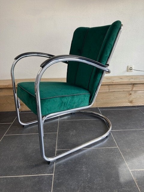 Gispen 412 fauteuil, chroom, nieuwe donkergroene ribstof, Design, 75 tot 100 cm, Zo goed als nieuw, Stof