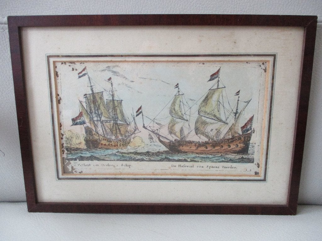Kleurenets - oud - oorlogsschepen, Antiek en Kunst, Ingelijst, Ets, Militair, 11 cm