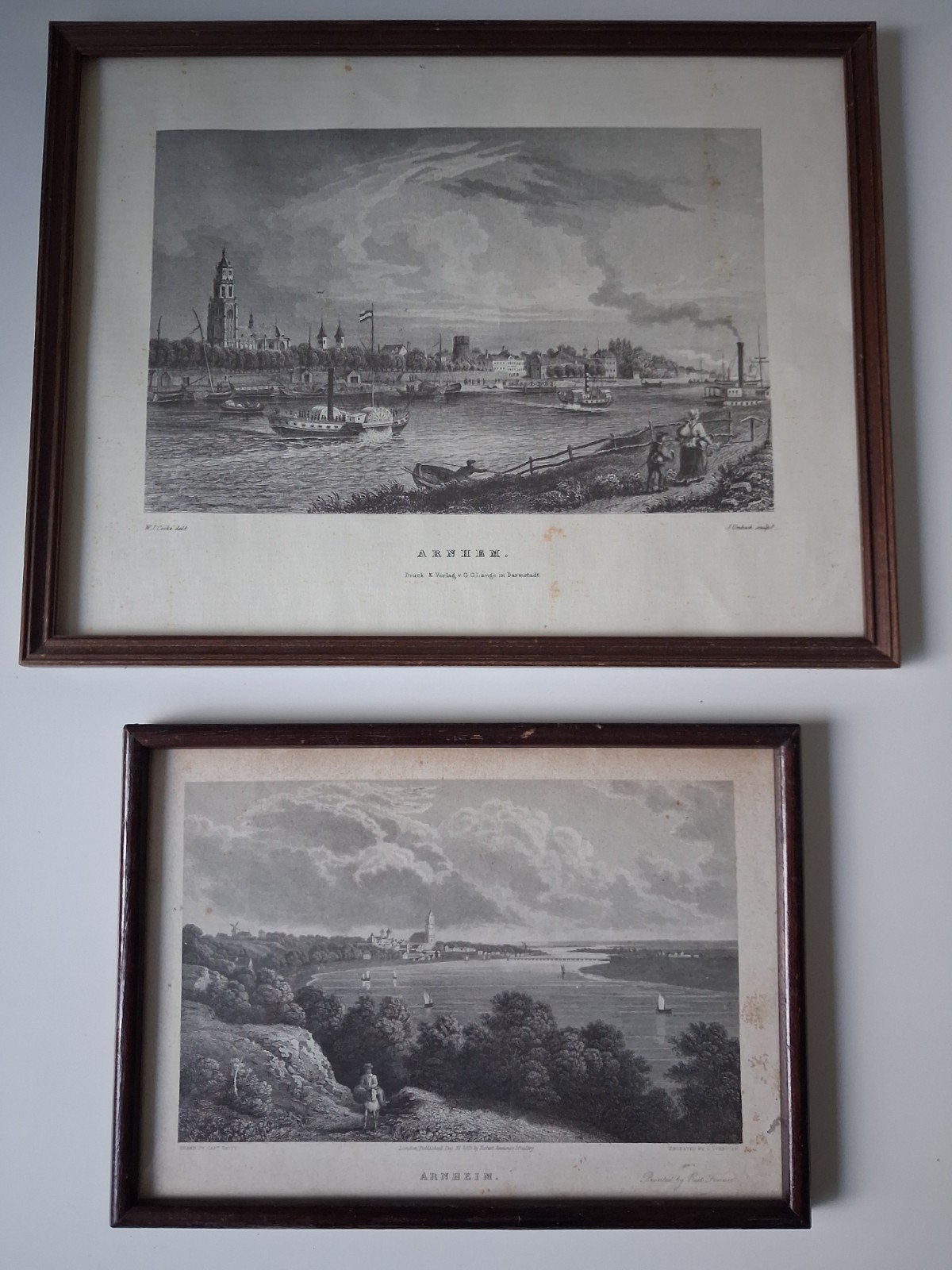 Twee antieke gravures van Arnhem, 19e eeuw, Ophalen, Ingelijst, 1800 - 1899, Stadsgezicht