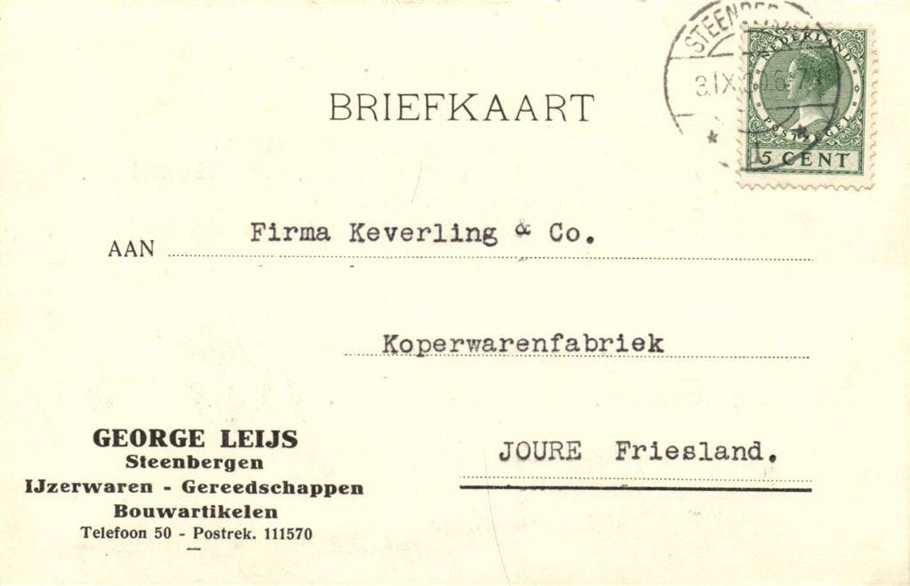 George Leijs, Steenbergen - 09.1930 - briefkaart, Ophalen of Verzenden, Briefkaart