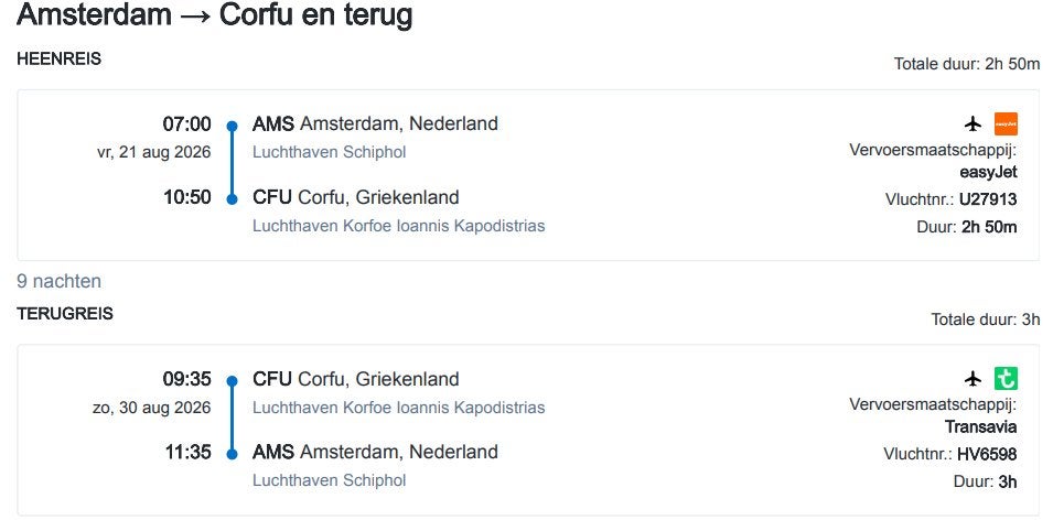Retour vliegtickets Schiphol - Corfu, Twee personen, Vliegtuig, Met bestemming of datum