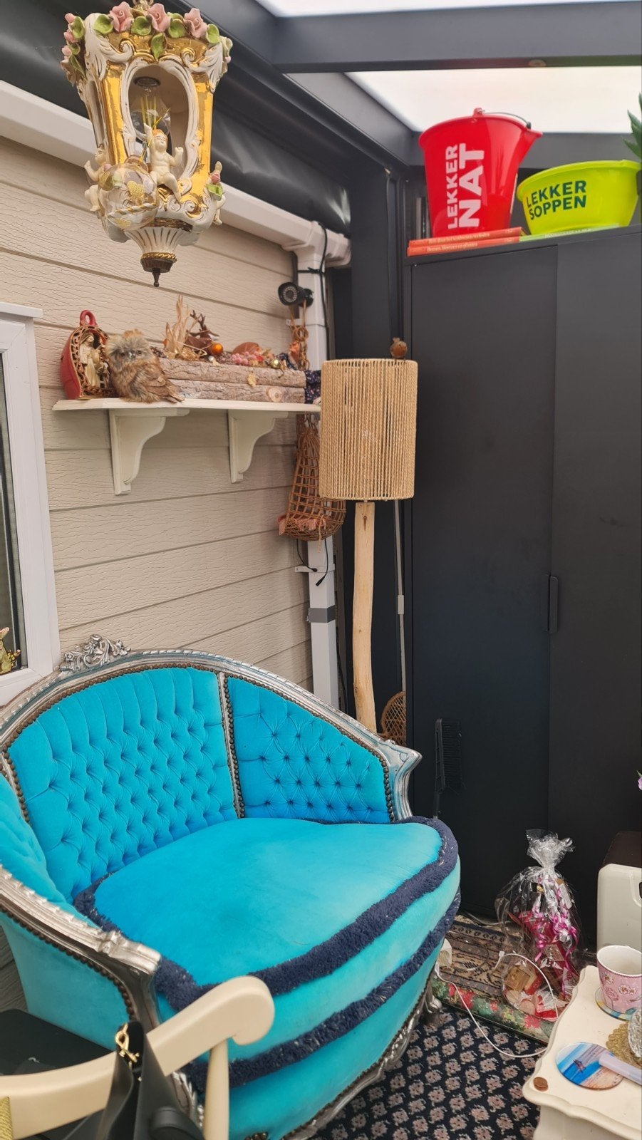 Unieke turquoise fluwelen bank met zilveren frame, Ophalen of Verzenden