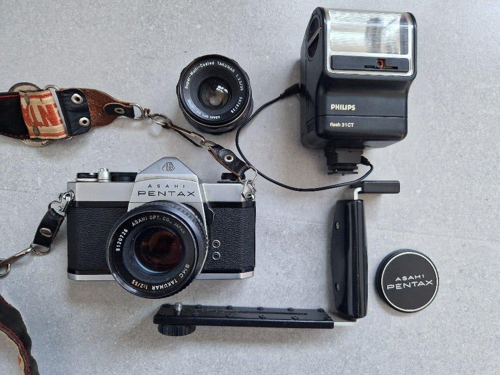 Asahi pentax 35mm camera met 2 lenzen, flister en tas, Ophalen, Gebruikt, Spiegelreflex, Pentax