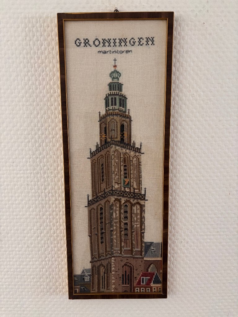 Vintage borduurwerk Martinitoren Groningen ingelijst., Ophalen of Verzenden