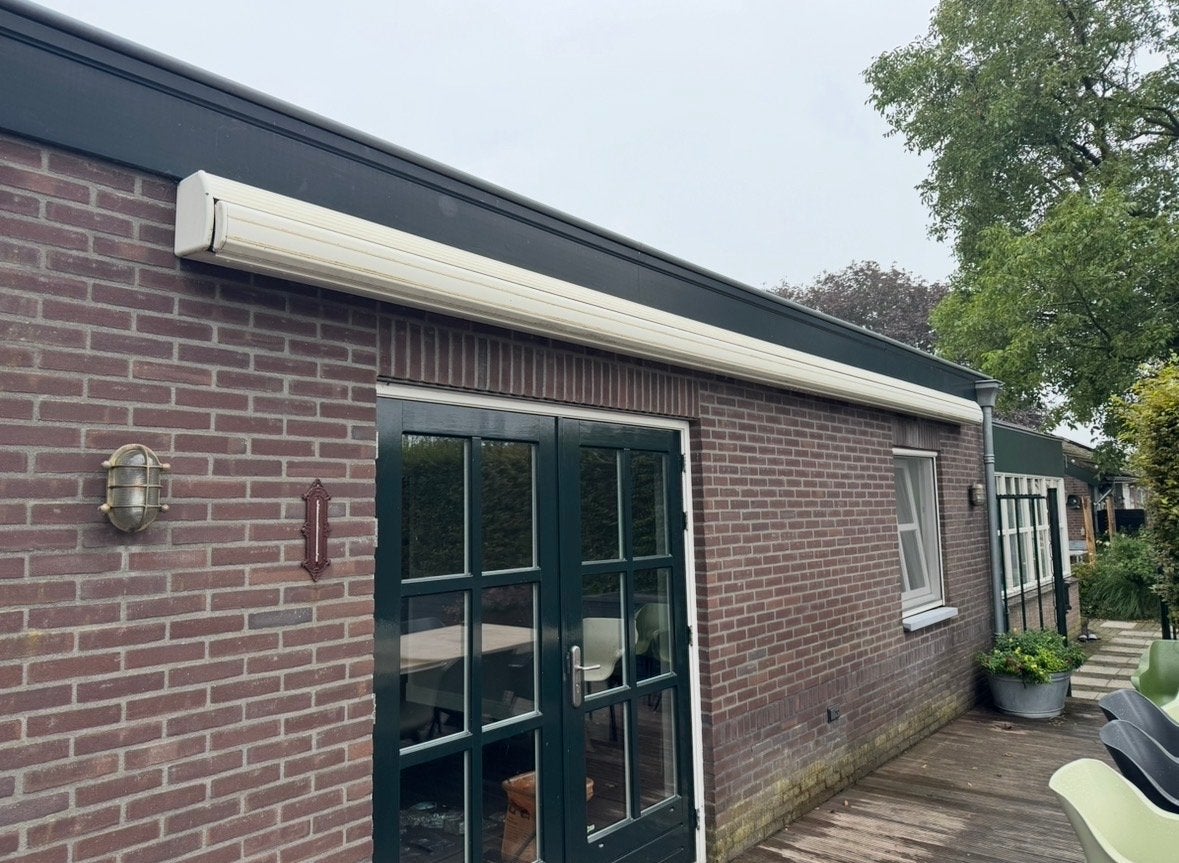 Knikarmscherm - Oranje/Wit gestreept - 340 cm breed, Ophalen, Gebruikt, 150 tot 300 cm, 250 cm tot 450 cm