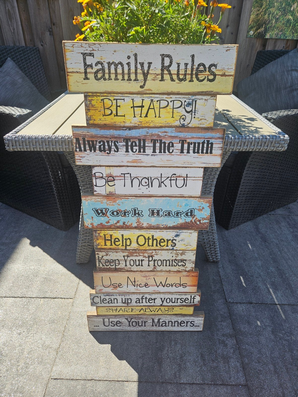 Decoratief houten bord met 'Family Rules' tekst, Ophalen, Gebruikt, Meerkleurig, Vintage