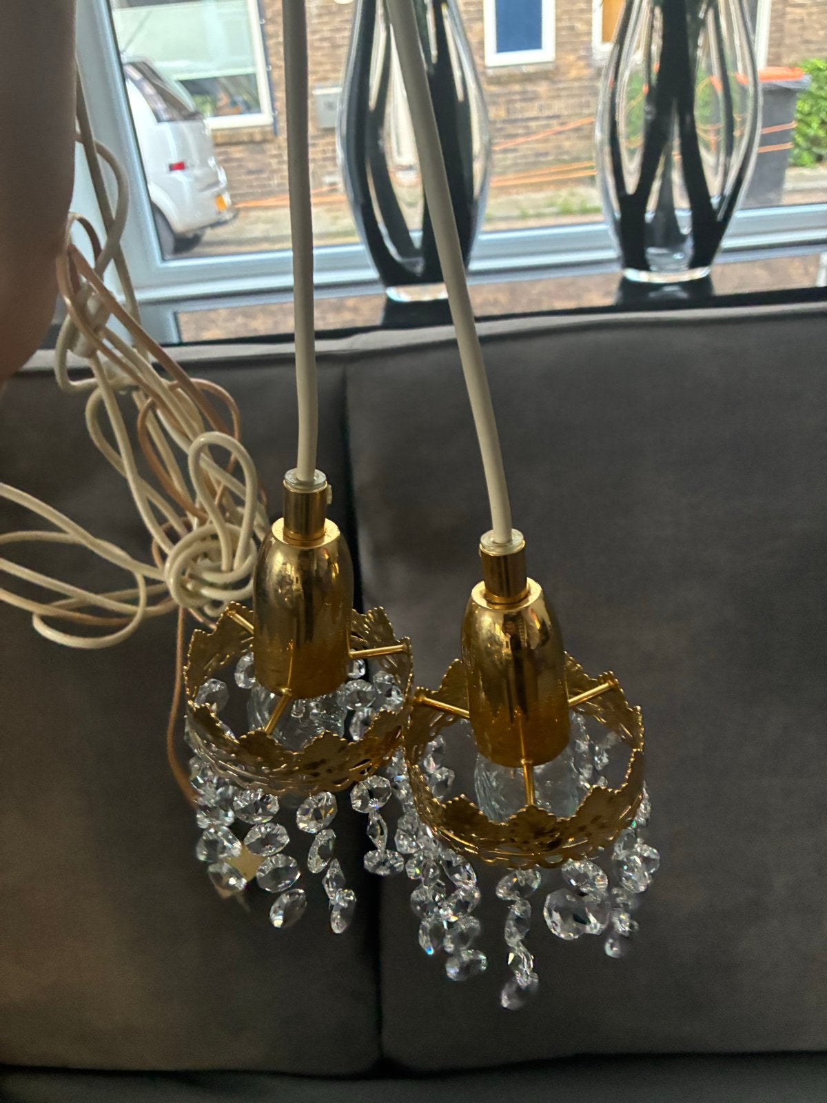 Set van 2 gouden hanglampen met echte kristallen, Ophalen, Zo goed als nieuw, Metaal, E14 (klein)