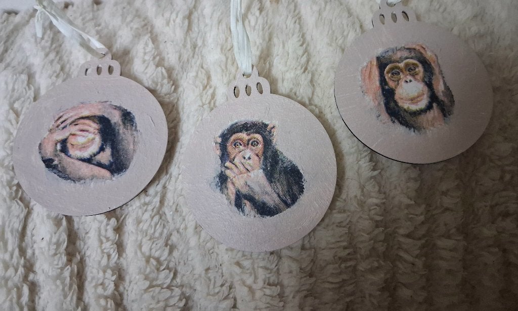 3 houten apen kerstballen aap horen zien zwijgen, Ophalen, Nieuw