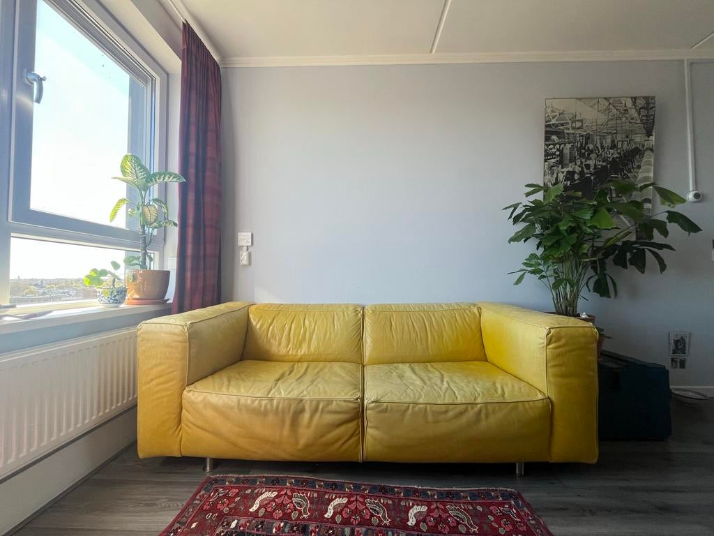 Gele leren vintage bank, Ophalen, Gebruikt, 150 tot 200 cm, Leer