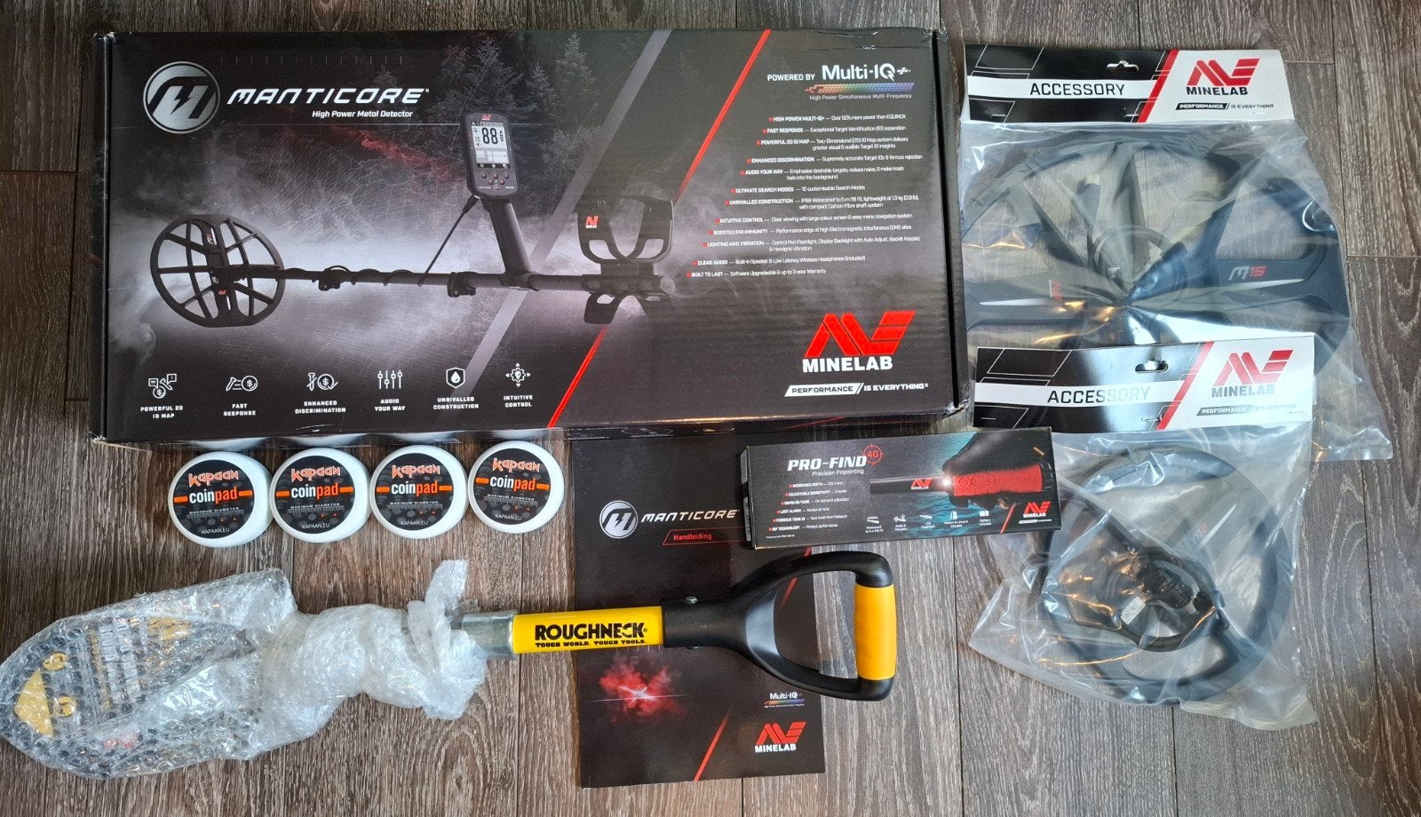 NIEUW! Minelab Manticore + M15 + M9 + Pro-find 40 + Extra's, Hobby en Vrije tijd, Metaaldetectors, Ophalen of Verzenden, Nieuw
