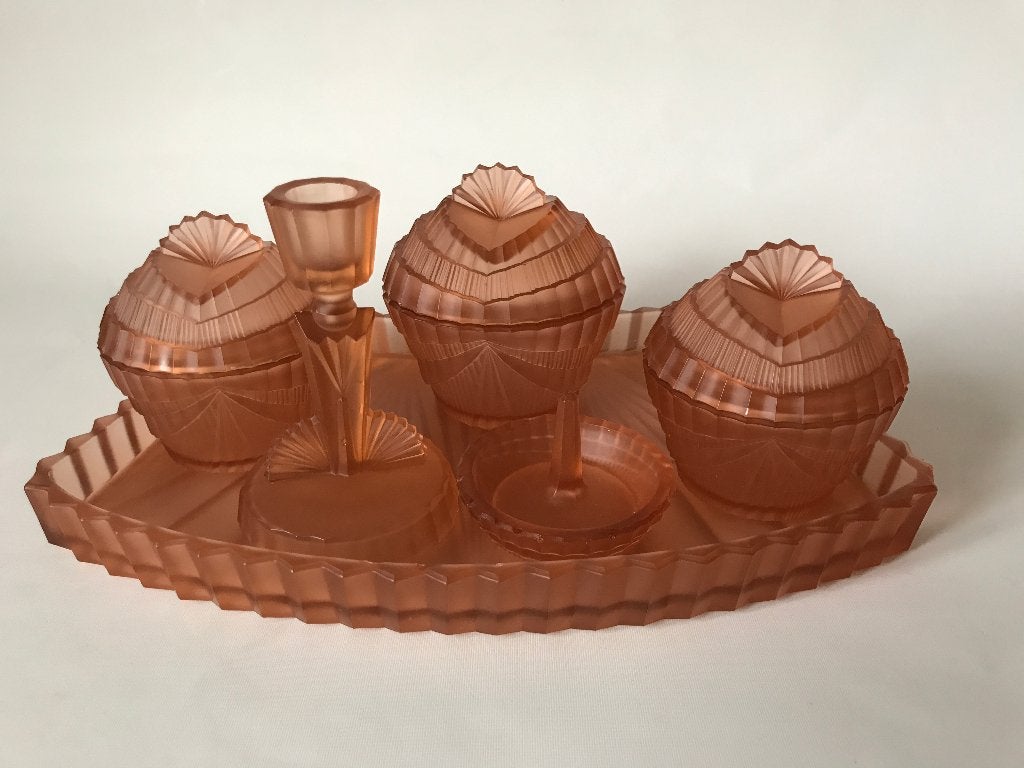 Art Deco Prachtige gesatineerd persglazen toilettafel set, Ophalen of Verzenden