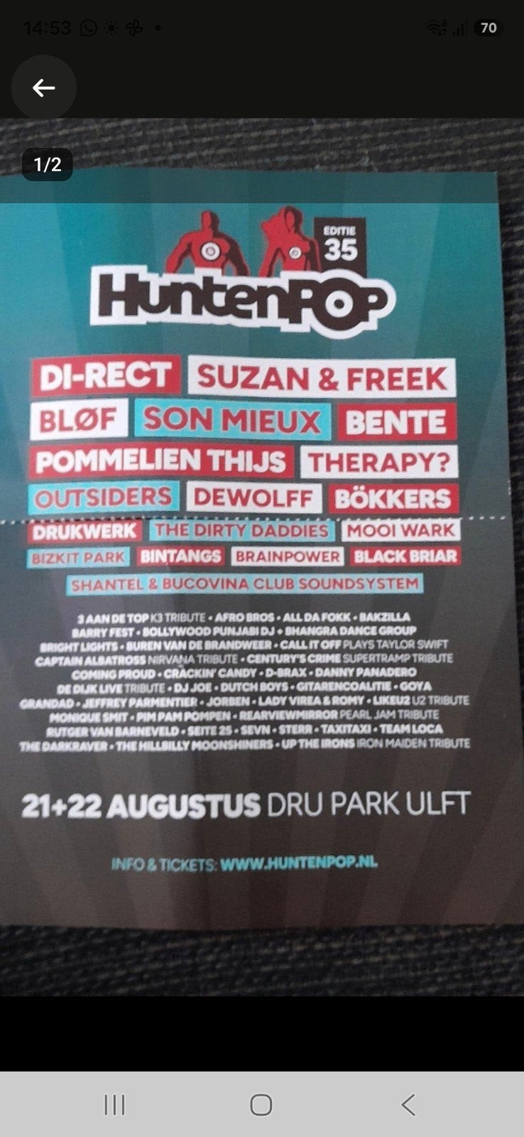 Huntenpop ticket te koop gevraagd, Eén persoon