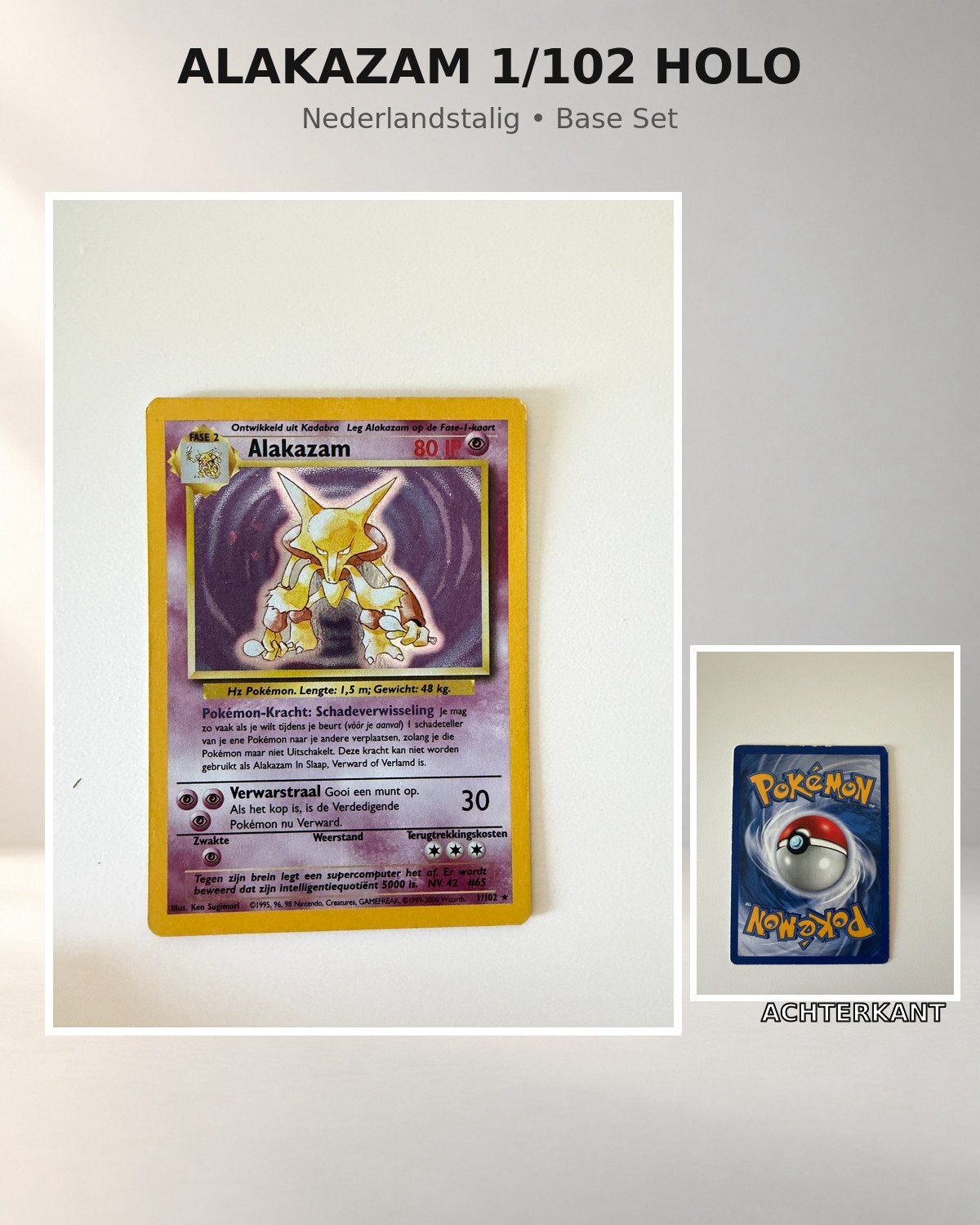 Alakazam 1/102 Holo – Nederlandse Pokémonkaart – Base Set, Hobby en Vrije tijd, Ophalen of Verzenden, Nieuw, Losse kaart