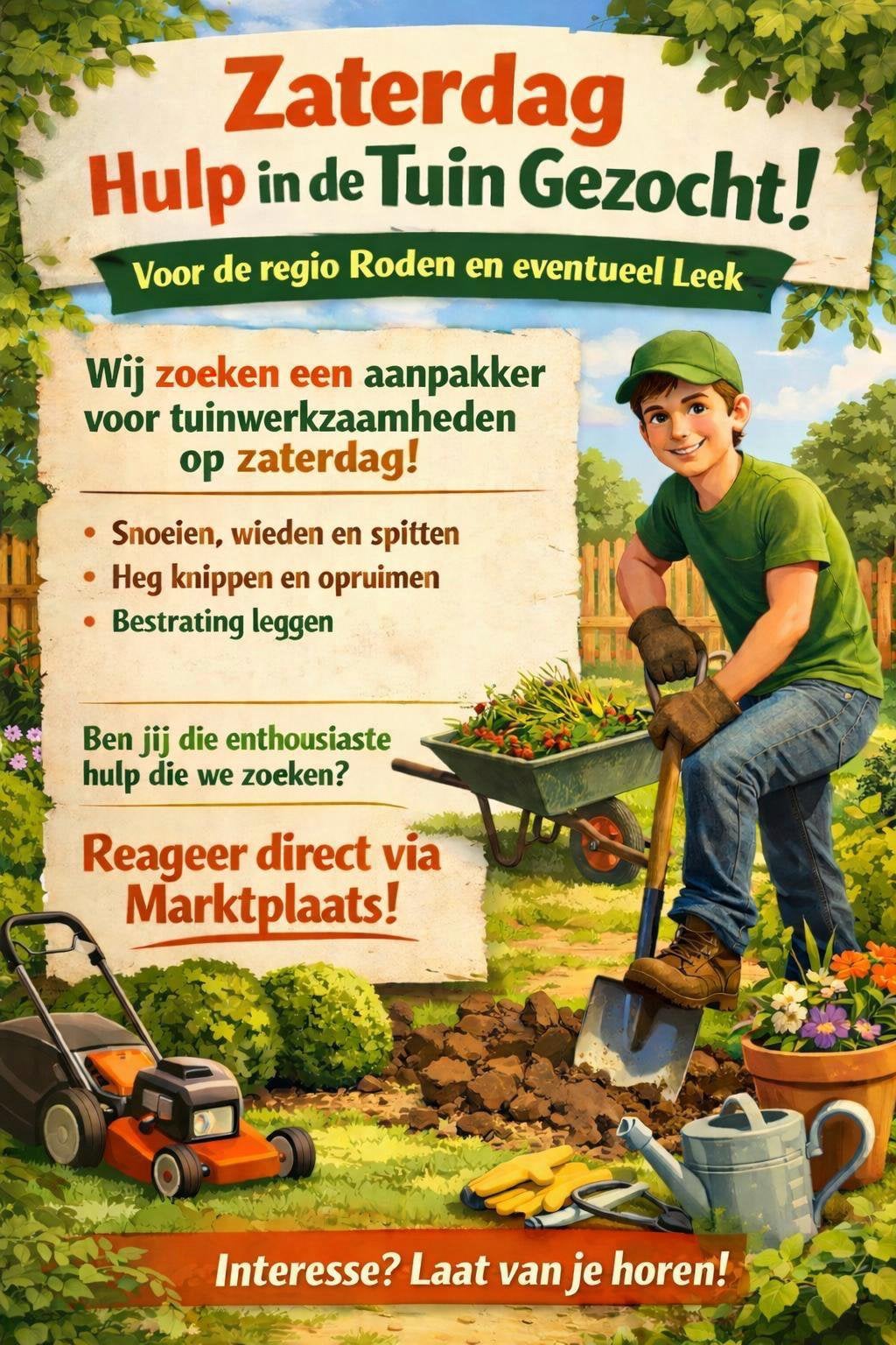 Zaterdaghulp gezocht - tuinwerk in Roden en Leek, Ophalen of Verzenden