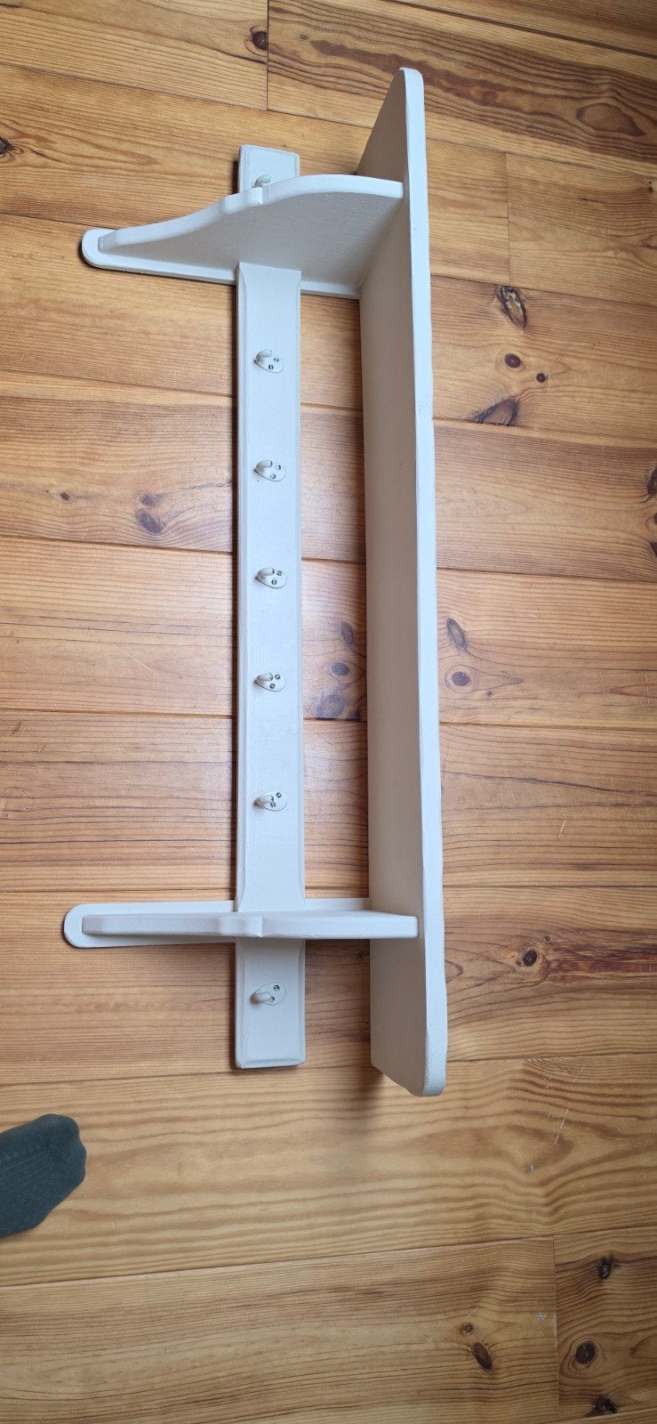 Brocante witte houten wandrek kapstok met plank en haken, Gebruikt, 100 tot 150 cm, Hout, Ophalen