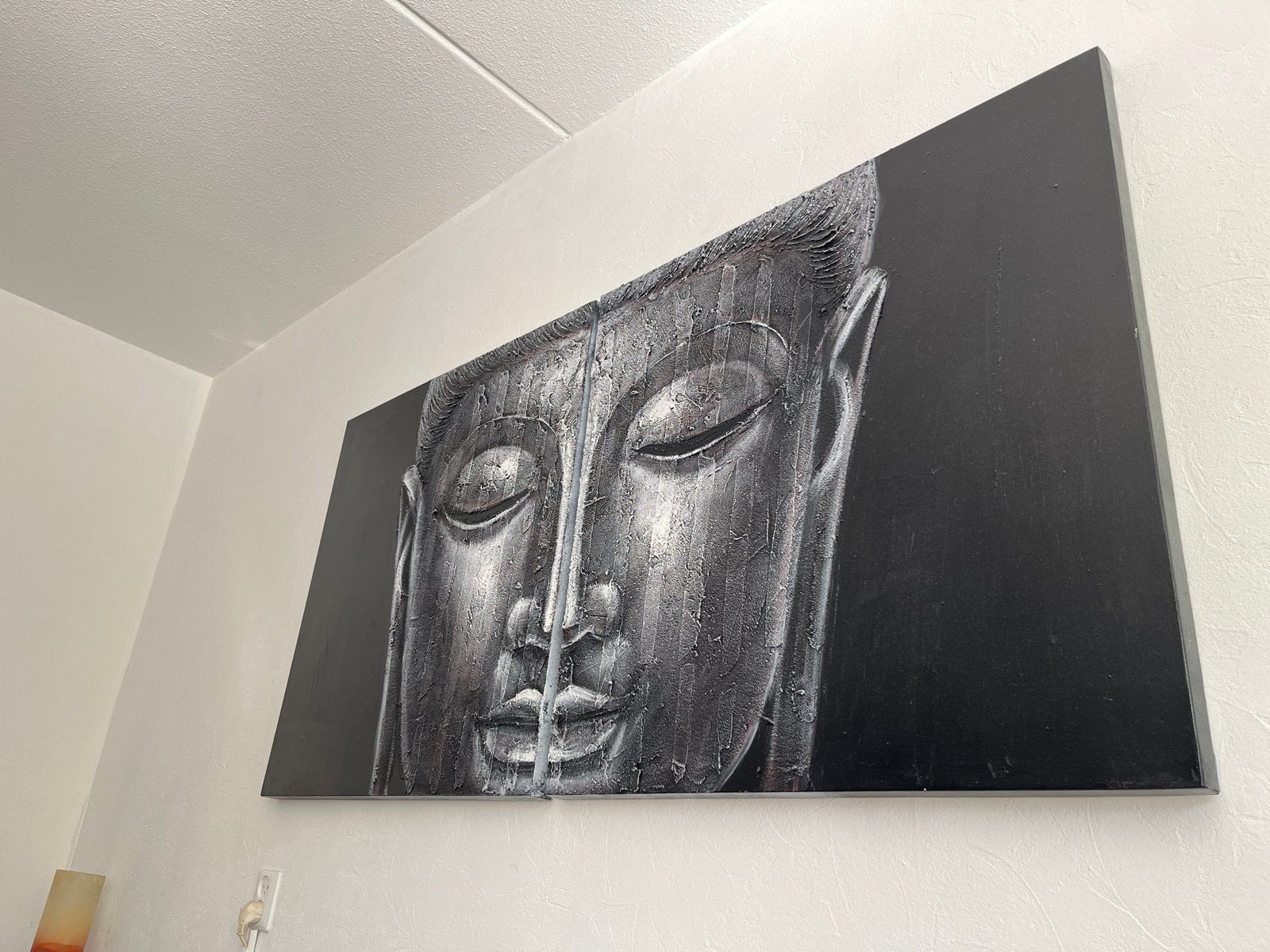 Boeddha schilderij - 2 luiken - Zwart/zilver textuur, Antiek en Kunst, Kunst | Schilderijen | Klassiek, Ophalen, Acrylverf, Overige stijlen