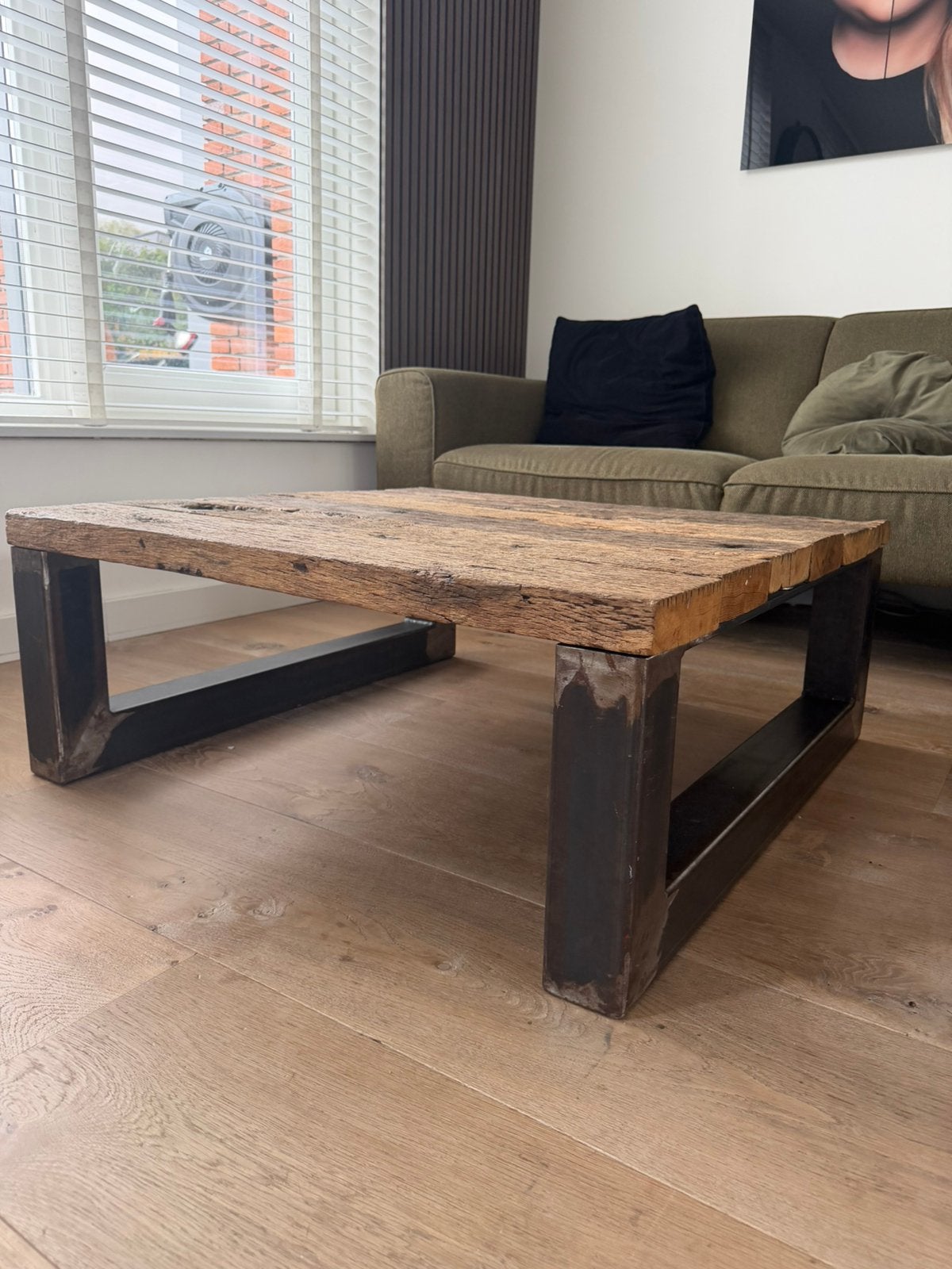 Robuuste salontafel van wagonplanken, Huis en Inrichting, Tafels | Salontafels, Ophalen, 100 tot 150 cm, 50 tot 100 cm, Zo goed als nieuw