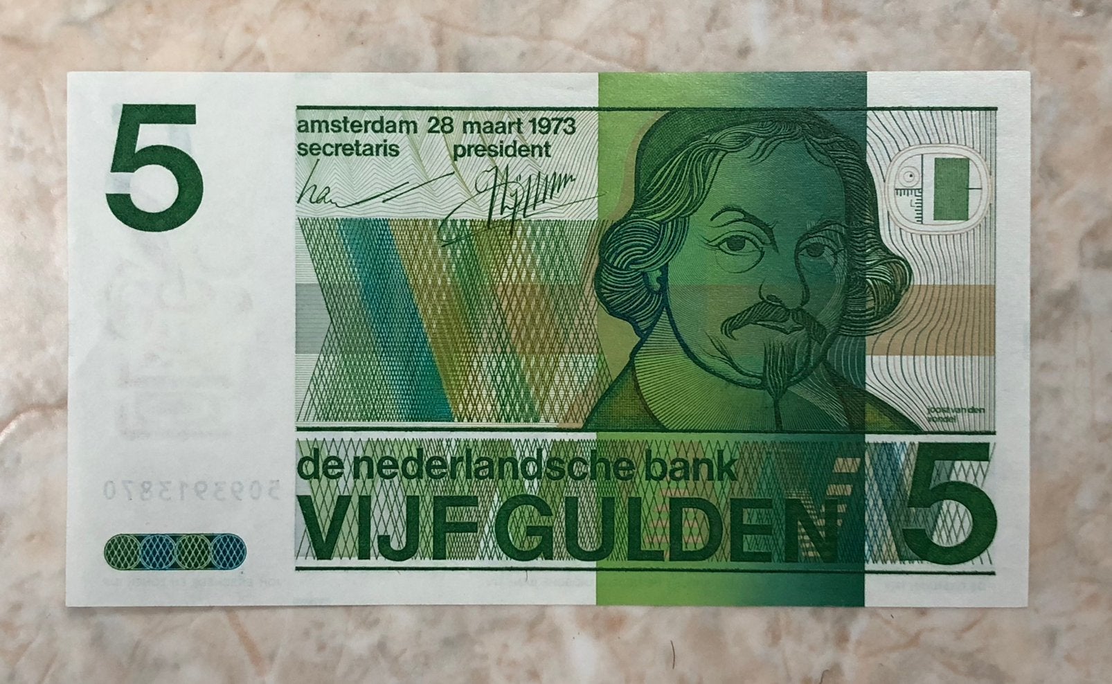 5 gulden 1973, Vondel., Postzegels en Munten, Bankbiljetten | Nederland, Verzenden, 5 gulden, Los biljet