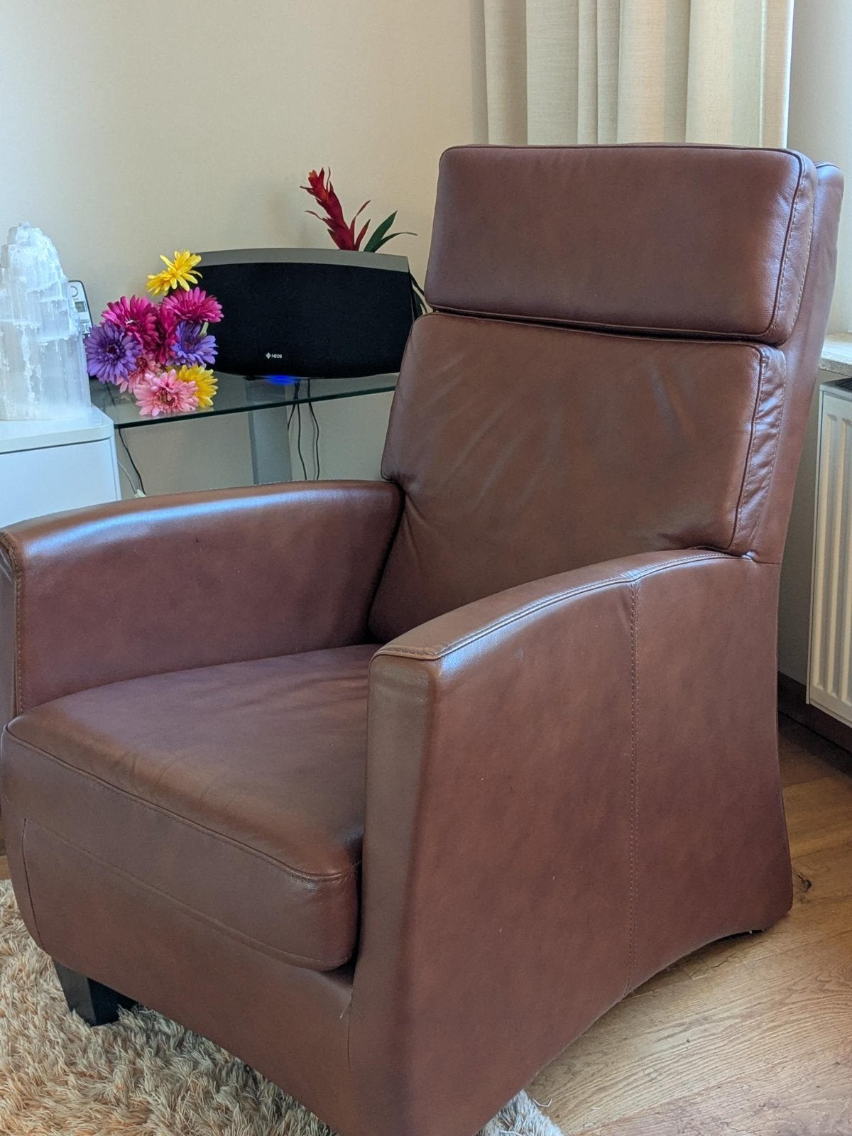Bruine leren fauteuil, Ophalen, Gebruikt, Minder dan 75 cm, Leer