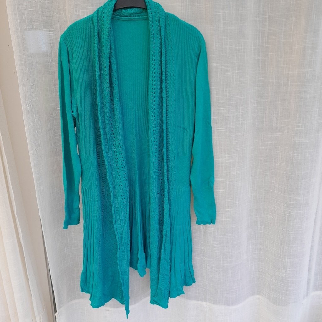 Lien en Giel ajour lang vest turquoise l/xl, Kleding | Dames, Ophalen of Verzenden, Gedragen, Maat 42/44 (L), Blauw