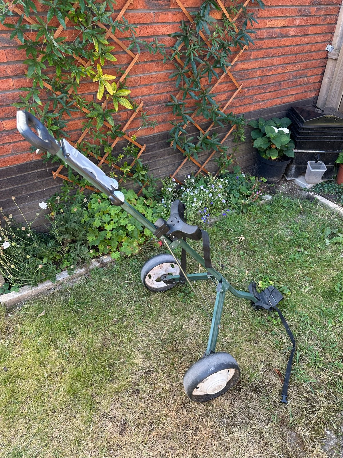 Oude golfkar op twee wielen - mag weg voor weinig, Sport en Fitness, Golf, Ophalen, Gebruikt, Golfkar, Overige merken
