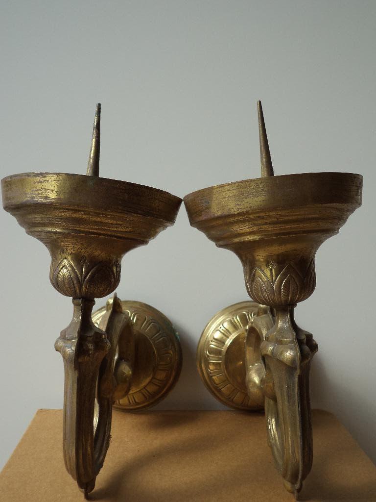 2 antieke kaarshouders koperen armen neo-gothiek appliques, Antiek en Kunst, Ophalen of Verzenden