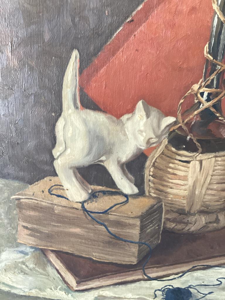 Olieverf schilderij met stenen poesje afm.45x55 c.m., Antiek en Kunst, Ophalen