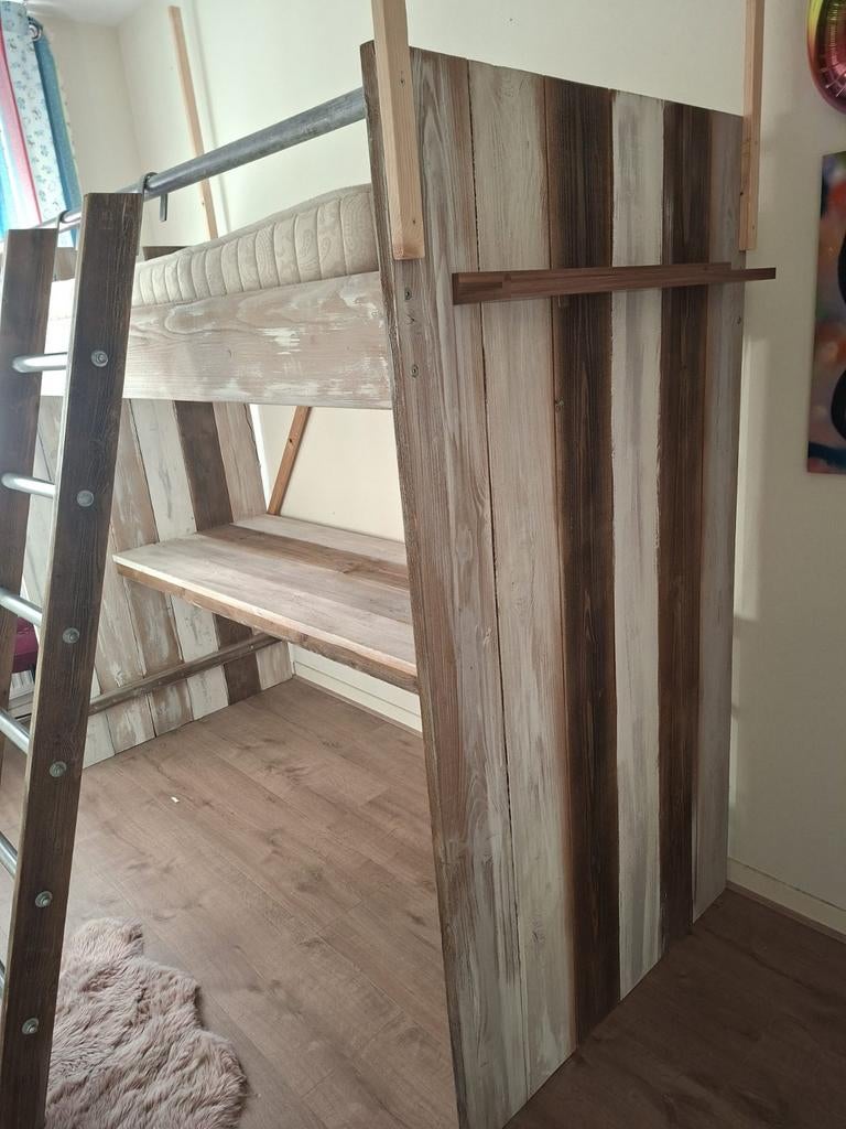 Stevig houten hoogslaper met bureau, Ophalen, Gebruikt, Eenpersoons, 200 cm