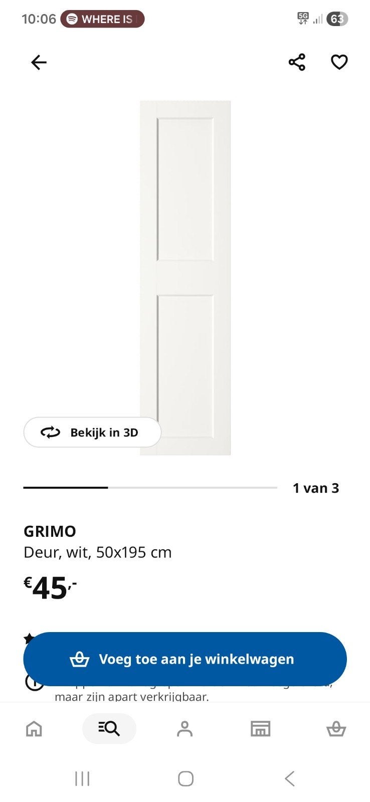IKEA Grimo deur, wit, 50x195 cm, nieuw in doos, Ophalen, Nieuw, Binnendeur, 200 tot 215 cm