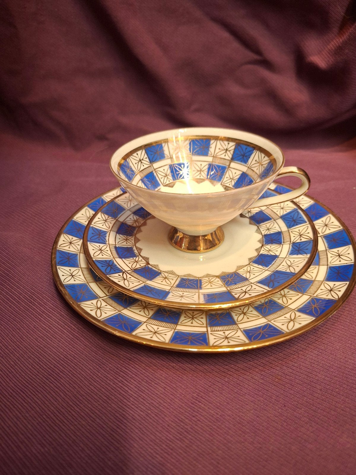 Winterling Trioset Porselein Blauw/Wit Schaakpatroon  50's, Ophalen of Verzenden