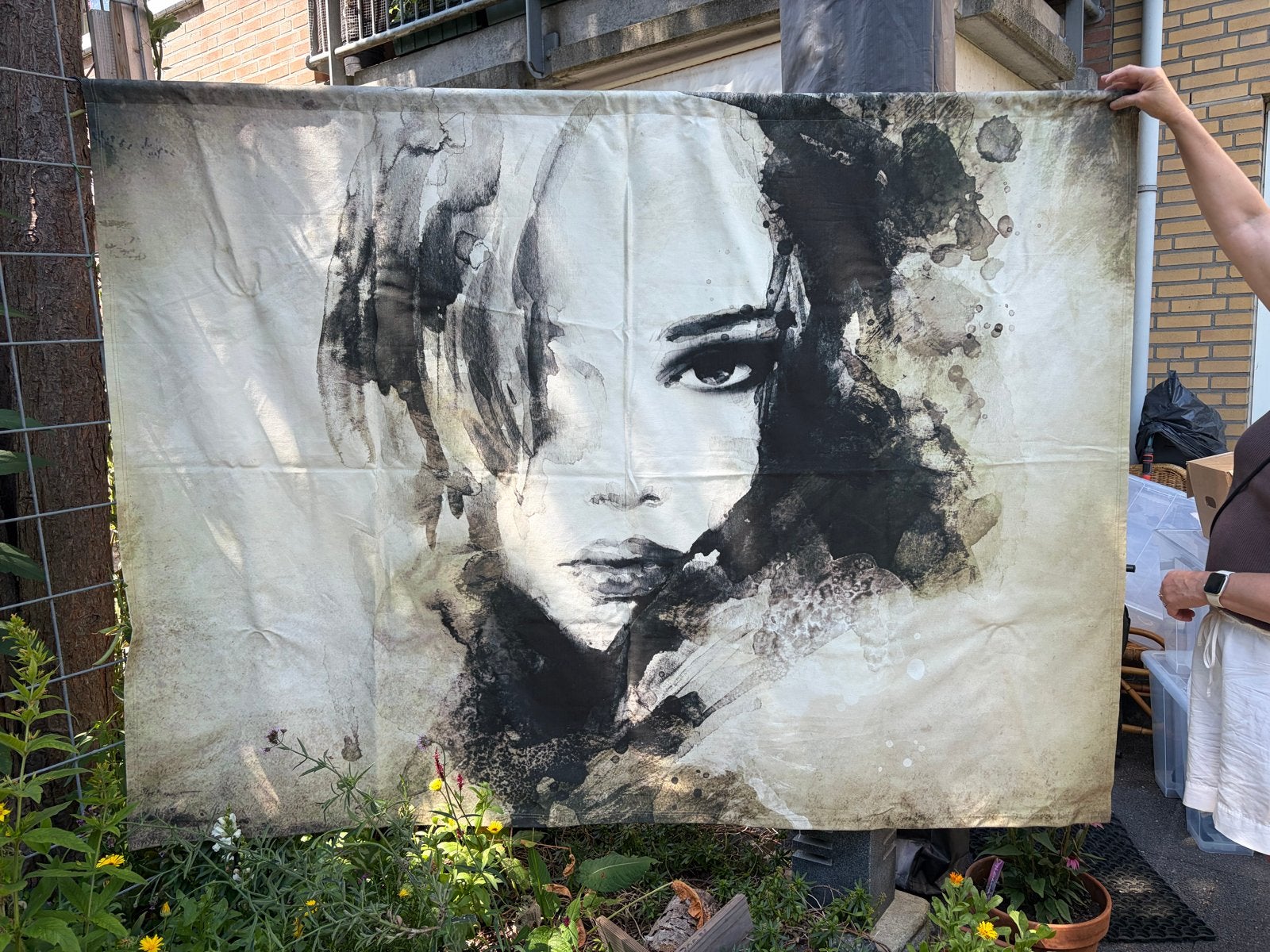 Wandkleed Portret Vrouw Zwart-Wit - UC Amsterdam, Antiek en Kunst, Aquarel, Portret, Textiel, Ophalen