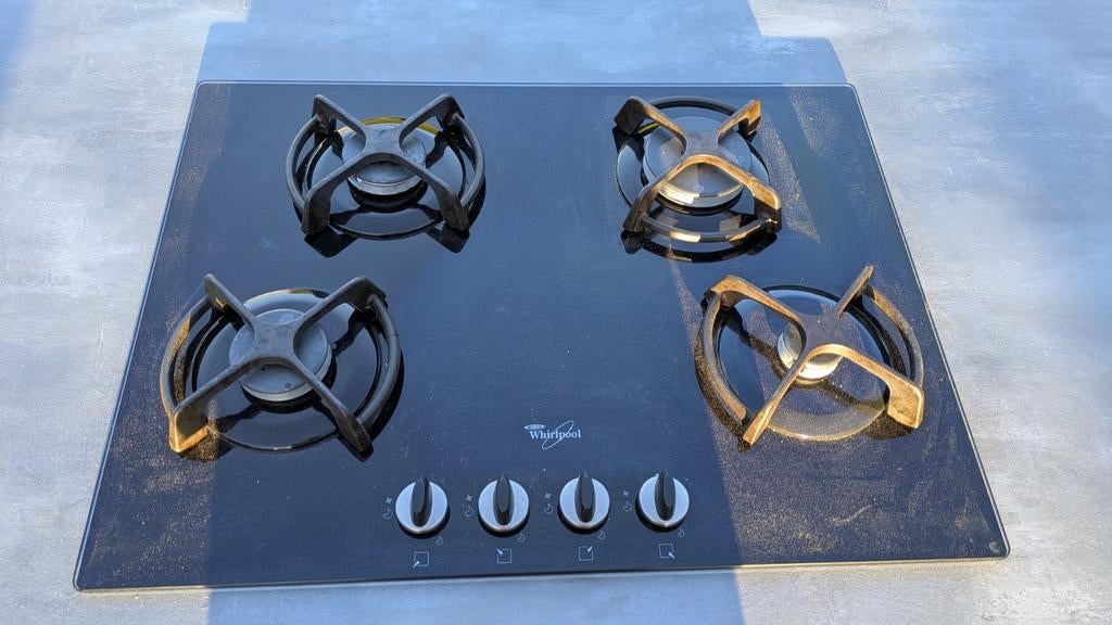 Whirlpool 4-pits gasfornuis - Zwart glas, Ophalen, Gebruikt, 4 kookzones, Inbouw