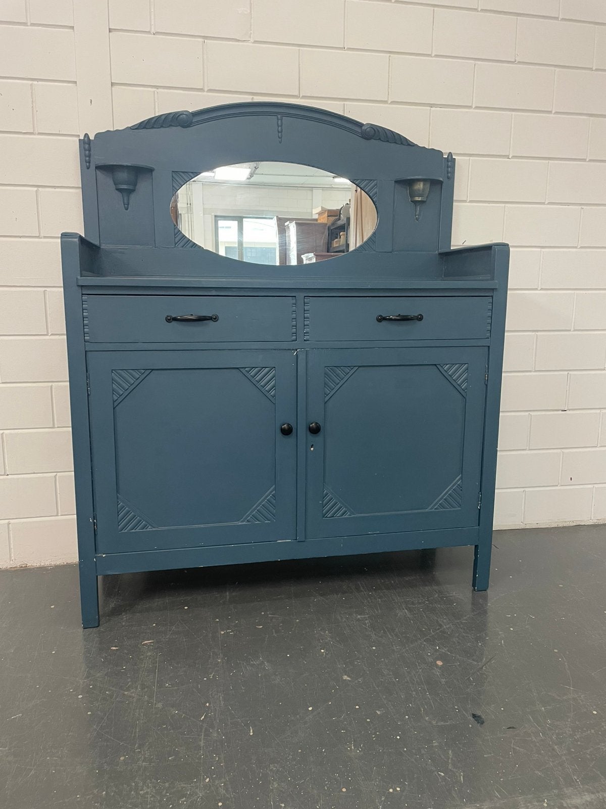 Prachtige vintage commode met opbouw in donkerblauw, Ophalen, Gebruikt, 50 tot 70 cm, 100 cm of meer