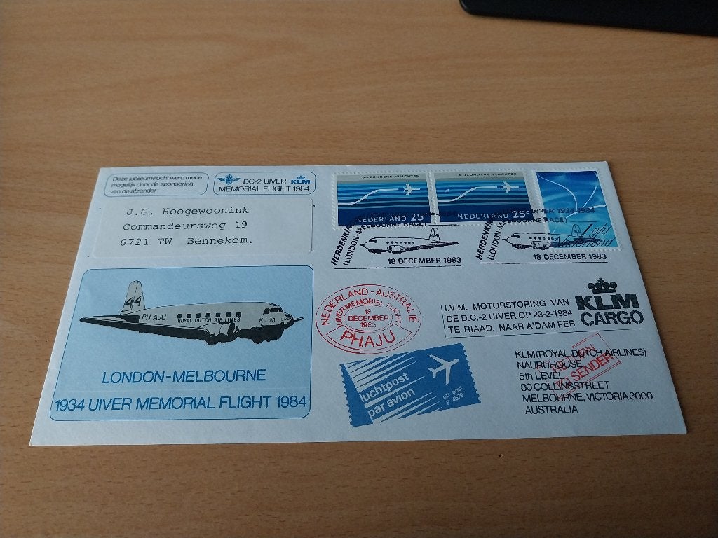 Mooie Eerste Dag 1983 KLM Londen Melbourne, Verzenden, Na 1940, Gestempeld