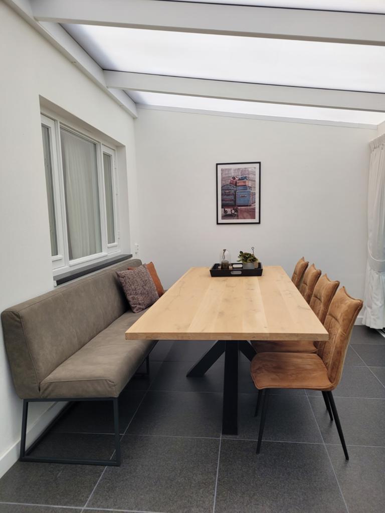 Grote eettafel met eetbank en losse stoelen, 200 cm of meer, Zo goed als nieuw, Rechthoekig, 50 tot 100 cm