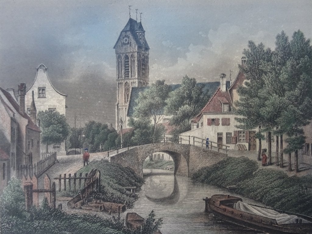 staalgravure kleur Oudewater, boot in gracht. JM Kolb 1858, Ophalen of Verzenden, Gravure, Origineel