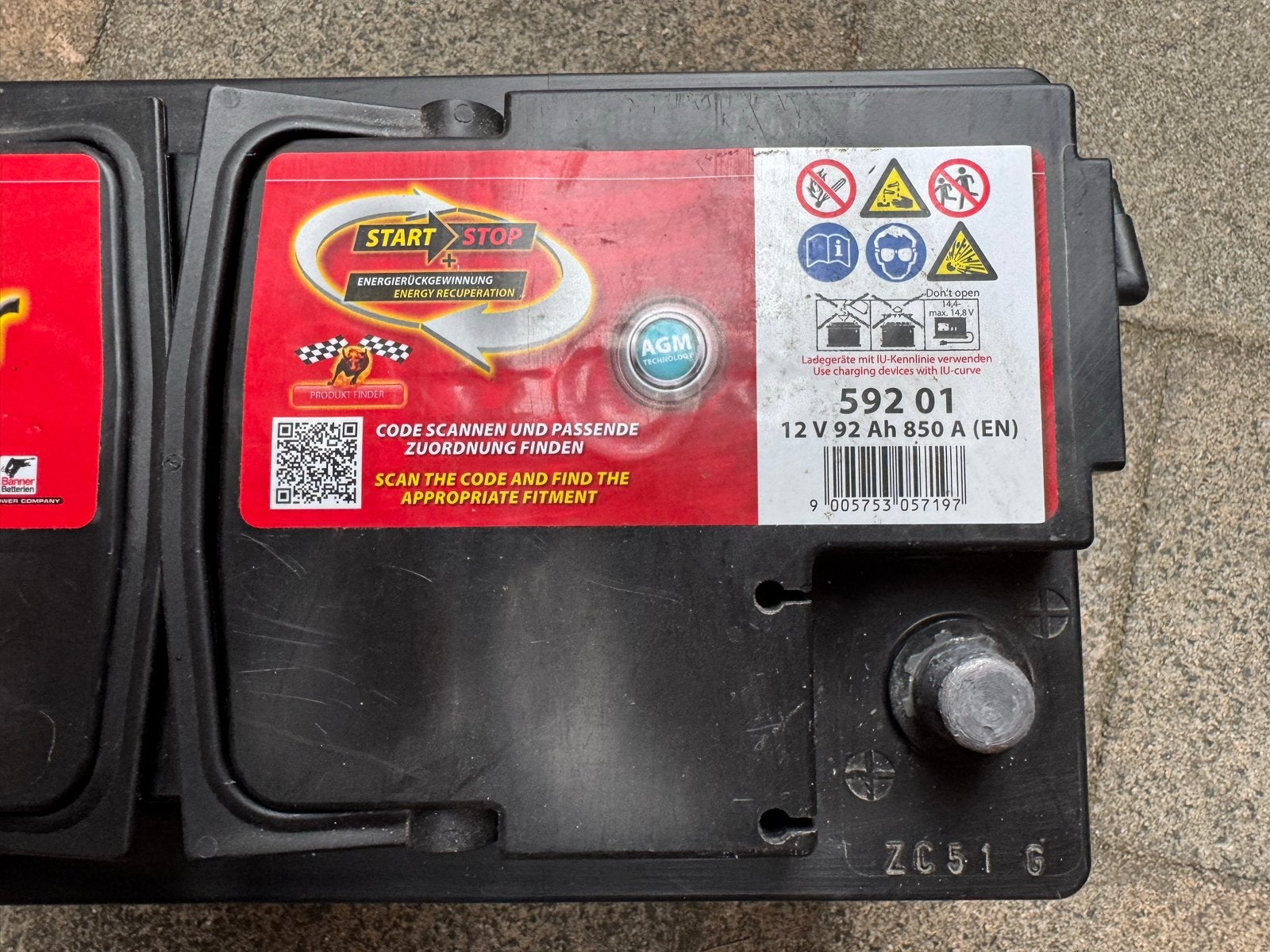 Banner Running Bull AGM Start-Stop Accu 12V 92Ah 850A, Ophalen, Gebruikt, Universele onderdelen