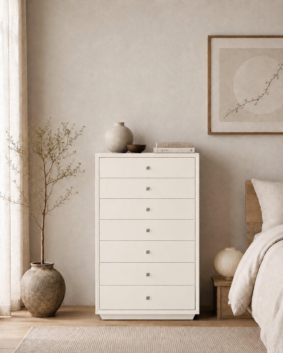 Massief eiken hout ladekast 60x40x104 cm rvs schroom knopjes, 5 laden of meer, Verzenden, 100 tot 150 cm, Eikenhout