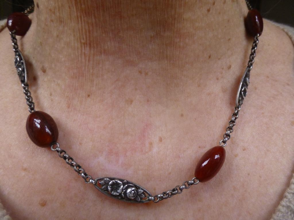 Antieke Zilveren Collier met Carneool + Roosjes elementen, Sieraden, Tassen en Uiterlijk, Antieke sieraden, Verzenden, Zilver