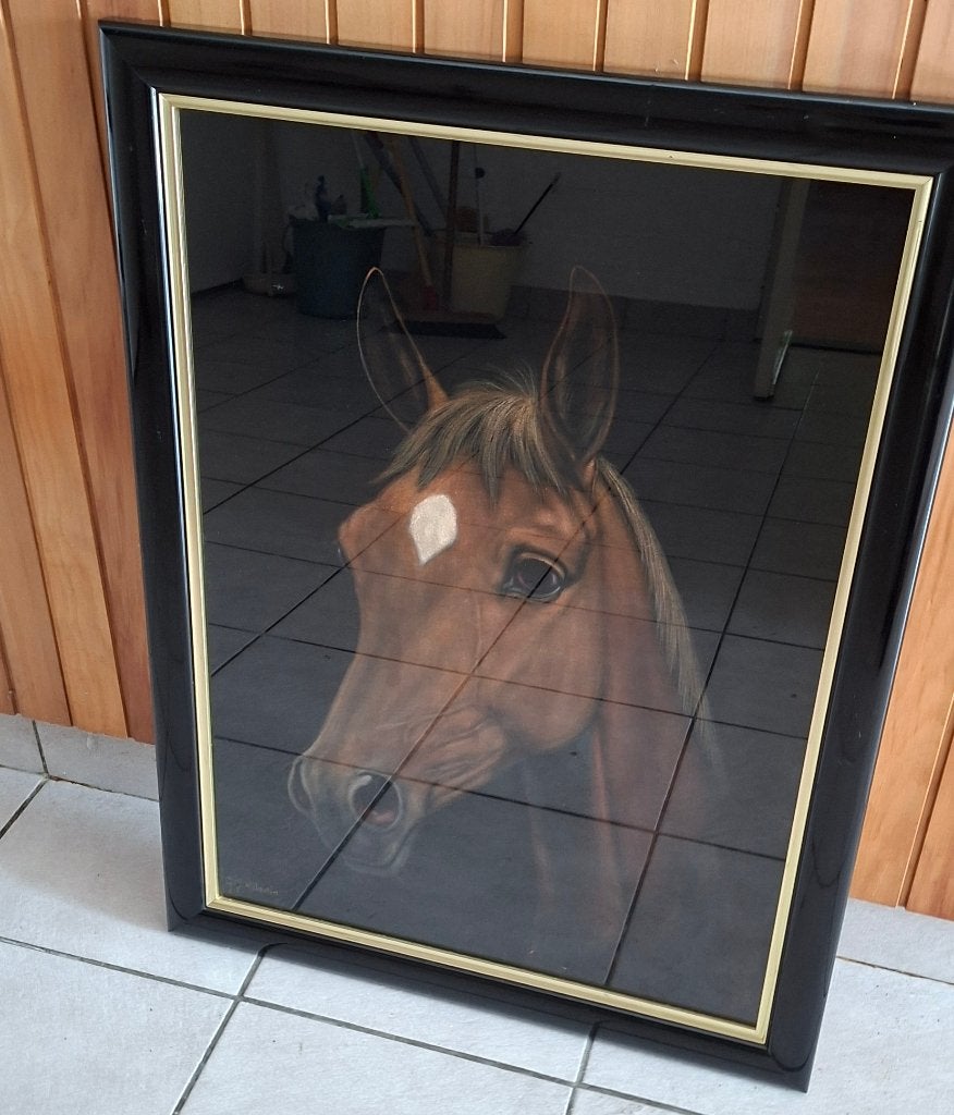 Schilderij Paardenhoofd van G.J. Adema, ingelijst 80x59cm, Doek, Realistisch, Gesigneerd, Dieren