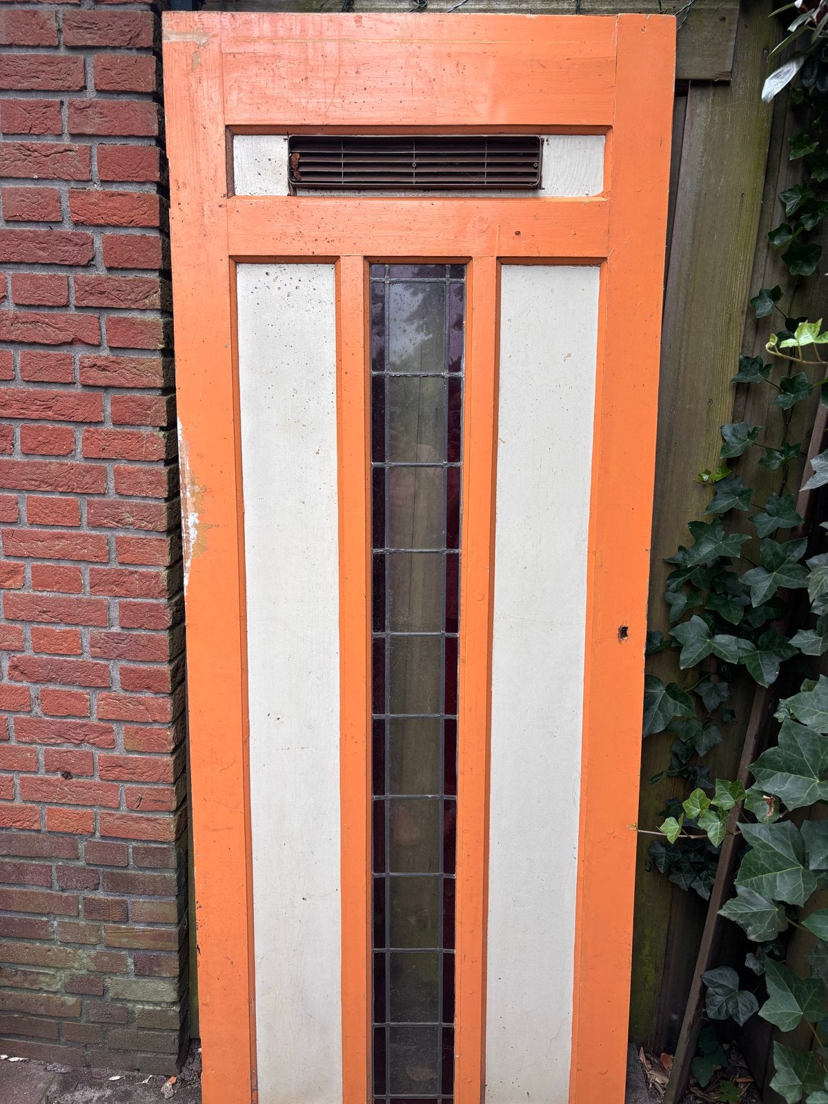 Oude houten deur met glas-in-lood en ventilatierooster, Ophalen, Gebruikt, 80 tot 100 cm, Binnendeur
