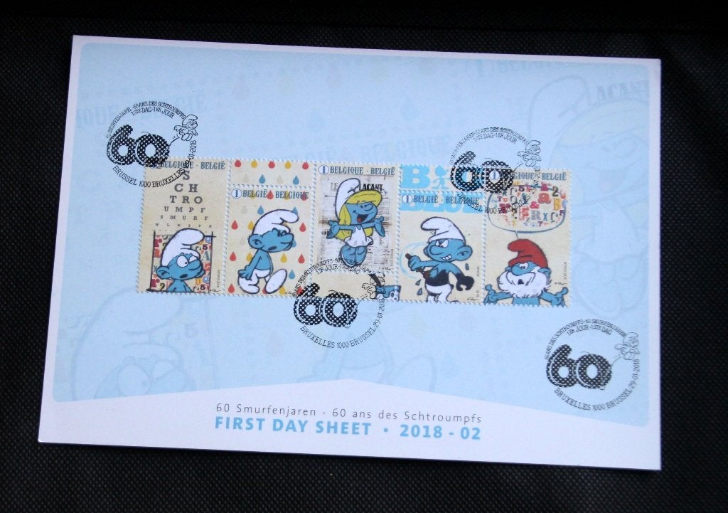 Belgie 2018 Smurfen Schtroumpfs first day sheet Peyo, Verzenden, Gestempeld