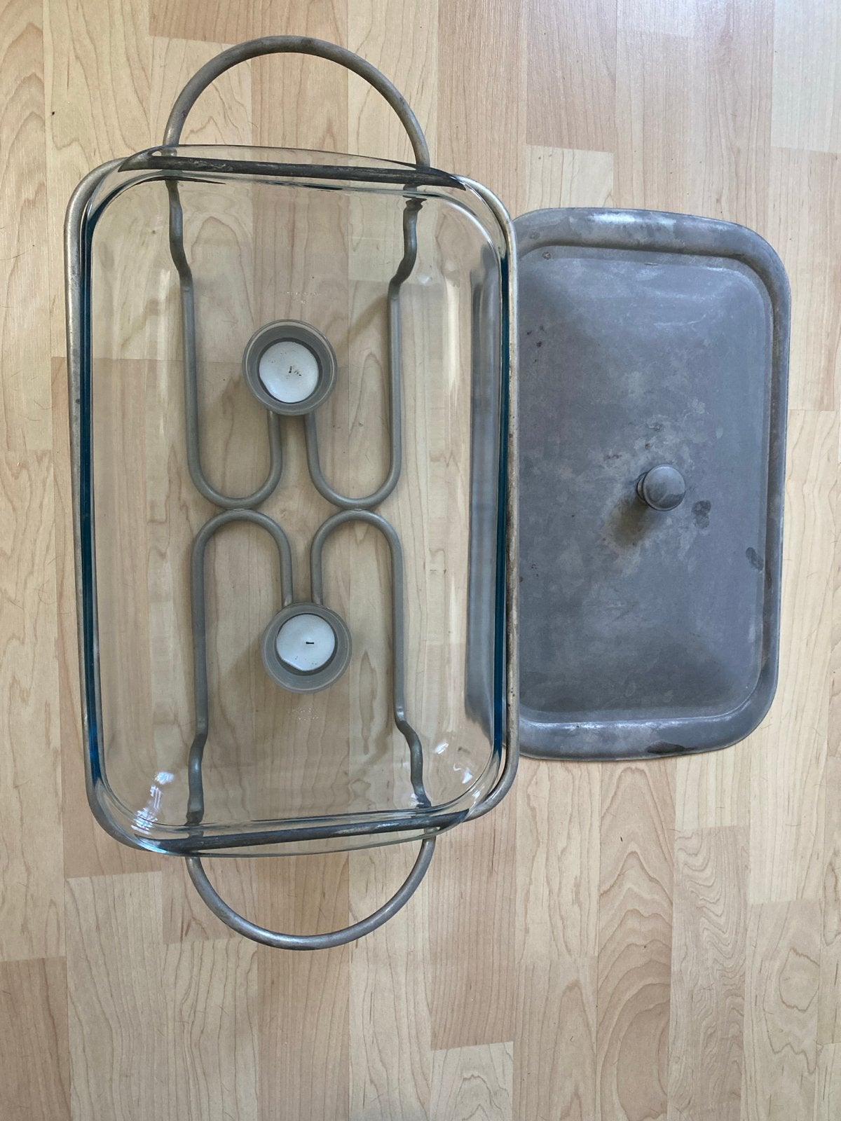 Glazen ovenschaal met metalen houder en theelichtjes, Huis en Inrichting, Ophalen, Zilver, Overige merken, Glas