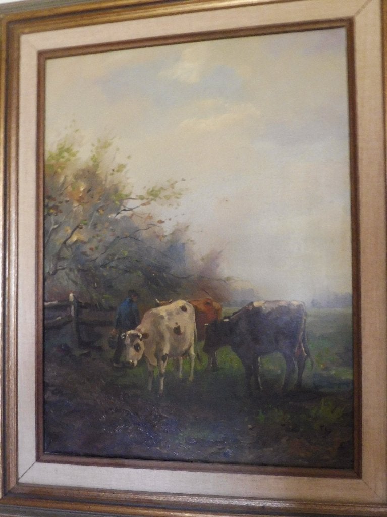 Boer samen met zijn koeien, Antiek en Kunst, Doek, Ophalen of Verzenden, Gesigneerd, Olieverf