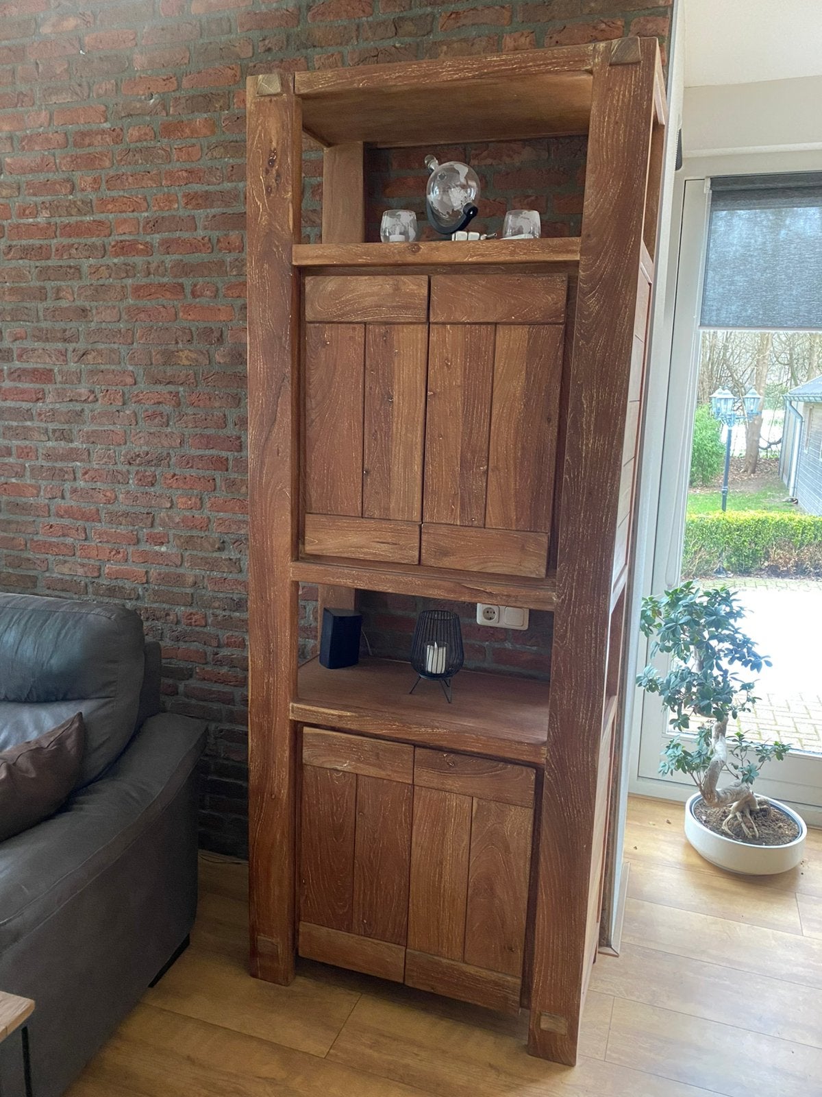 Teak houten wandkast met 2 kastjes en planken, Ophalen, 200 cm of meer, Teakhout, Minder dan 150 cm